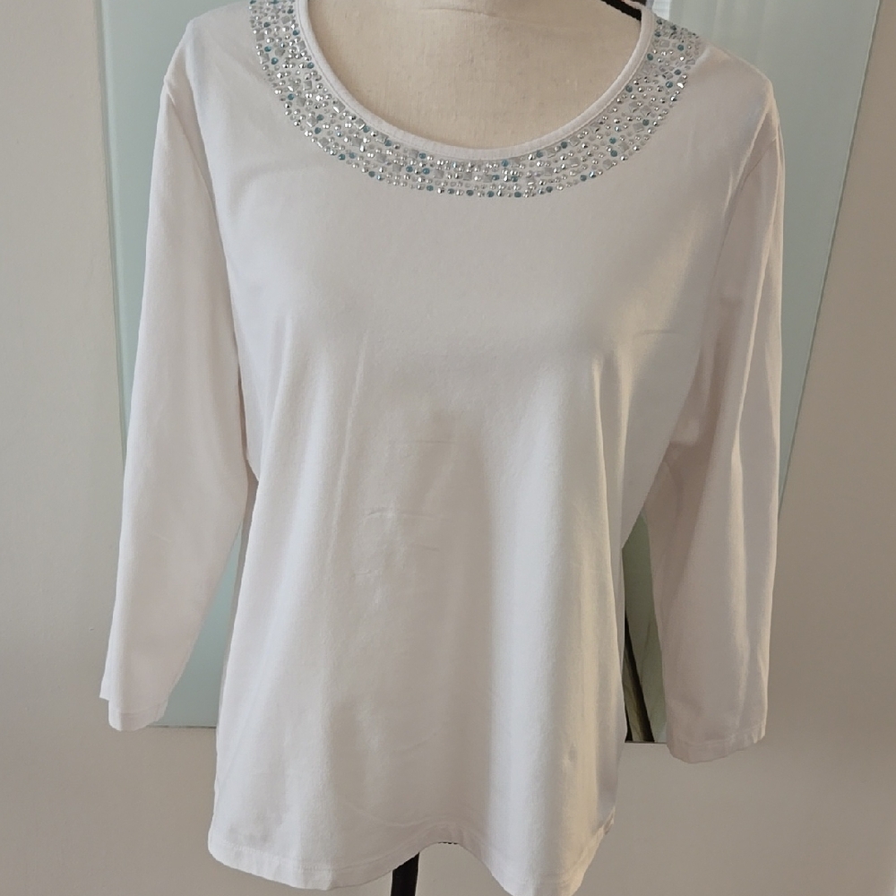 Chic White Blouse with Silver  And Blue Accents